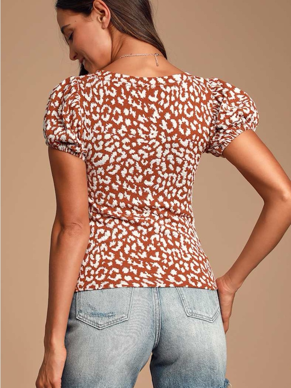 Free People No Type Brown Leopard Print Puff Sleeve Tee - Picture 3 of 7